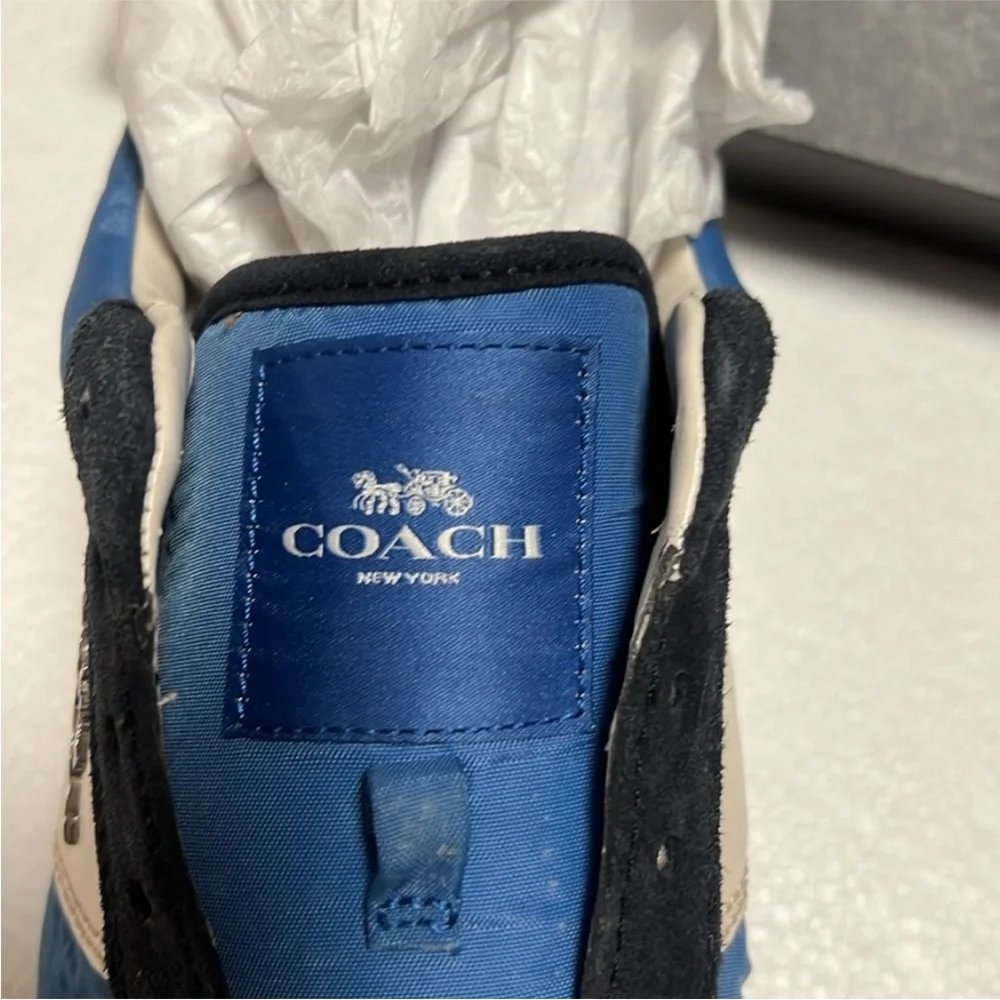 🆕 Coach leather logo trainer Blue and White Sneakers no shoelaces - Picture 3 of 10